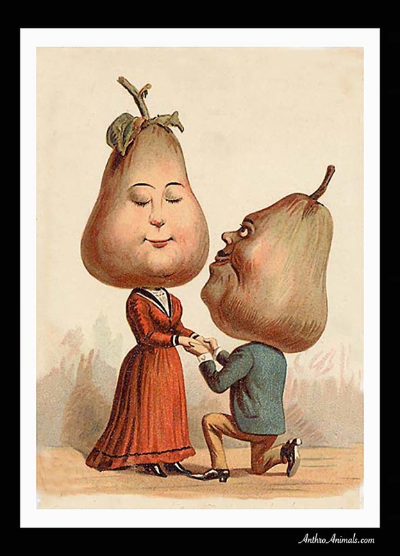 Anthropomorphic pear proposes marriage. 